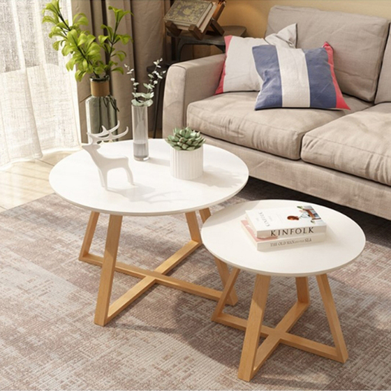 Bàn trà kép chân gỗ mặt tròn