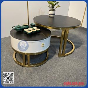 Bàn trà đôi mặt đá tròn có ngăn kéo – (BSFDP3000)